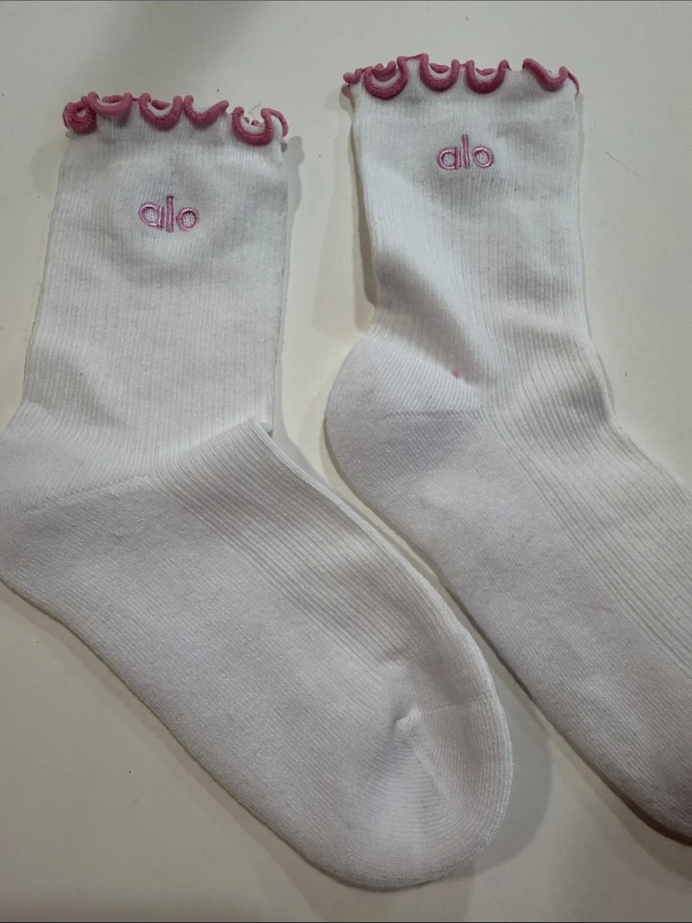 Alo White Socks with Pink Lettuce Edge